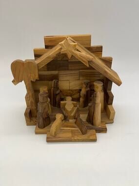 Olive Wood Hand Carved Christmas Nativity Scene Bethlehem 6"